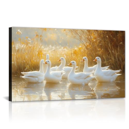 Farmhouse Duck Wall Art Rustic White Geese Pictures Canvas Golden Tone Reed Painting Framed Artwork for Bathroom Living Room Bedroom Kitchen(Artwork-2,24"x36")