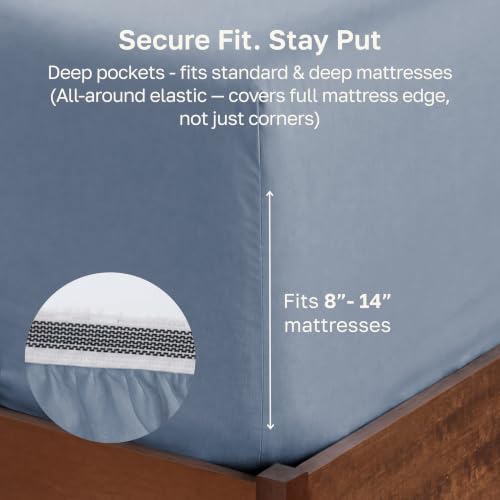 Image of California Design Den Organic Cotton Extra Long Twin Fitted Sheets, Blue | GOTS Certified, Crisp & Airy Percale, All-around Elastic, No-Pop Fit, Durable, Easy Care, Backed by GH Seal