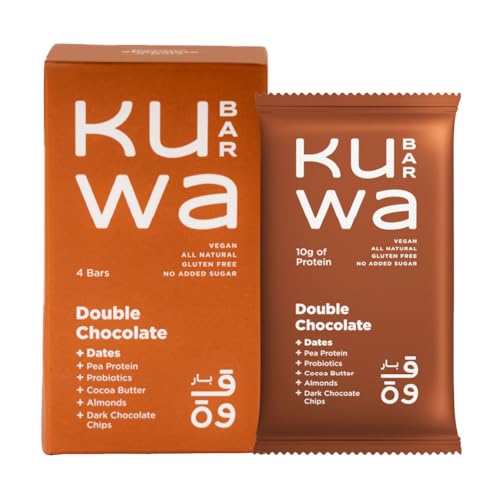 Kuwa Bar Double Chocolate Protein Bar - 4 Count x 46Grams - All Natural, Probiotics, Date Bar -10 Gr Protein, No Added Sugar, Vegan, Gluten Free
