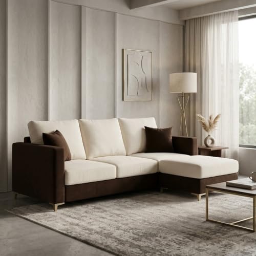 Image of Hayes Rich 4 Seater L Shape Sofa Set with Movable Ottomans | Flexible Layout | Velvet Suede Fabric | Golden Aesthetic Legs | Dual Tone Modern Sofa for Living Room (Dark Blue-Cream)