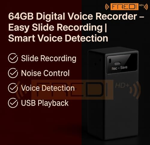 Image of FREDI HD PLUS 64GB Digital Voice Recorder with One-Key Slide Recording | Smart Sound Detection | Adjustable Noise Reduction | USB Rechargeable Audio Recorder for Lectures, Meetings, Classes