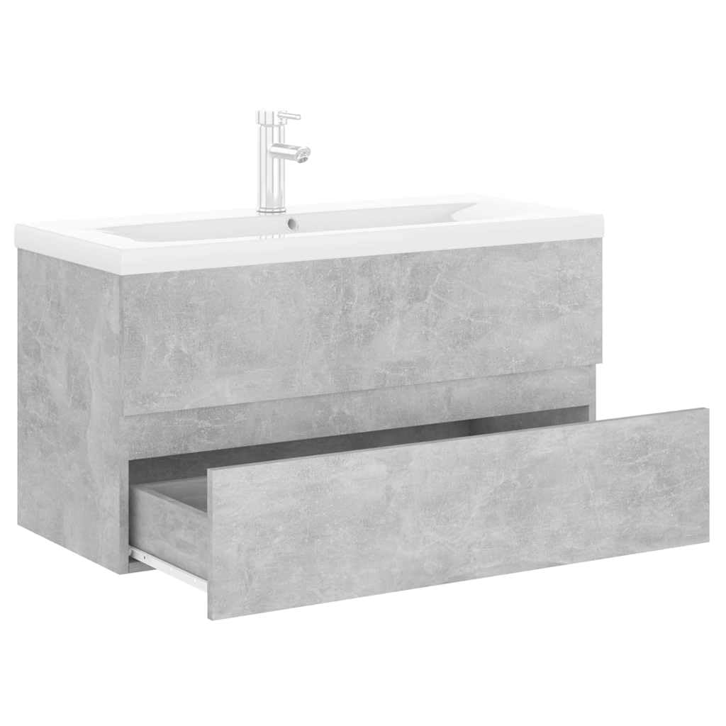 Mobile sottolavabo grigio cemento in legno con lavabo da incasso in ceramica 91 x 39 x 18 cm, 1 cassetto, scarico push-open, rubinetto