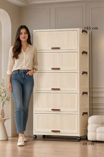 Image of House of Quirk 5-Tier Storage Cabinet with Wheels - Durable Plastic Foldable Wardrobe Organizer with Multiple Compartments, Perfect for Bags, Clothes, and Living Room Storage (Cream)