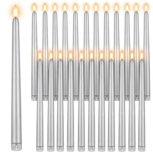 Image of Macarrie 24 Packs Flameless Taper Candles Battery Operated Fake 11 Inch Long Candlelight LED Flameless Candlesticks Flickering Tapered for Summer Fall Wedding(Silver)