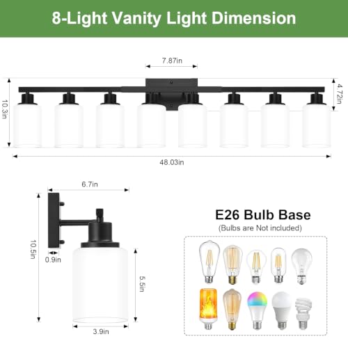 Image of MOKATNG 8-Light Bathroom Light Fixtures, Vanity Light with Milky White Shades, Matte Black Bathroom Light Fixtures Over Mirror, Modern Bathroom Wall Lamp for Mirror Living Room Cabinet Bedroom