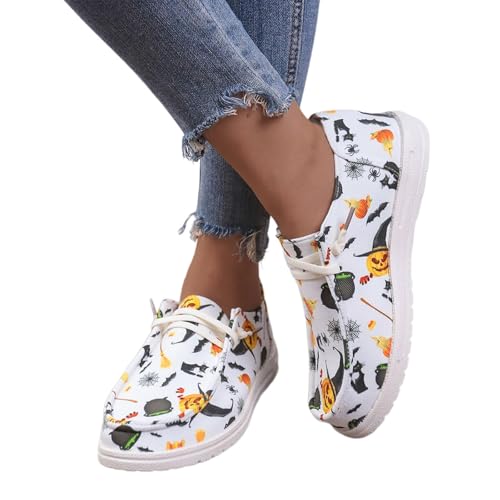 2025 Women Fashion Halloween Canvas Sneakers,Skeleton Pumpkin Printed Walking Shoes for Women,Casual Lace Up Low Top Comfortable Walking Canvas Sneakers Skeleton,Slip on Flats Pumpkin Shoes2