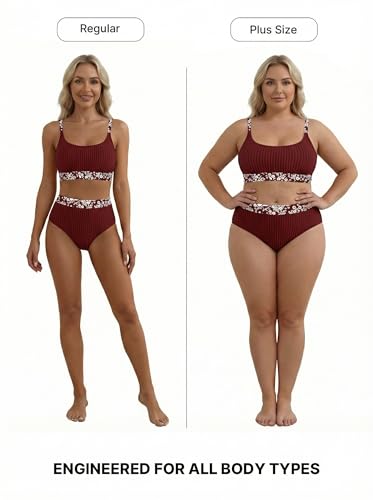 Image of Herseas Women's Textured Bikini Sets Floral Print Trim Scoop Neck Swimsuits High Waisted Bathing Suits