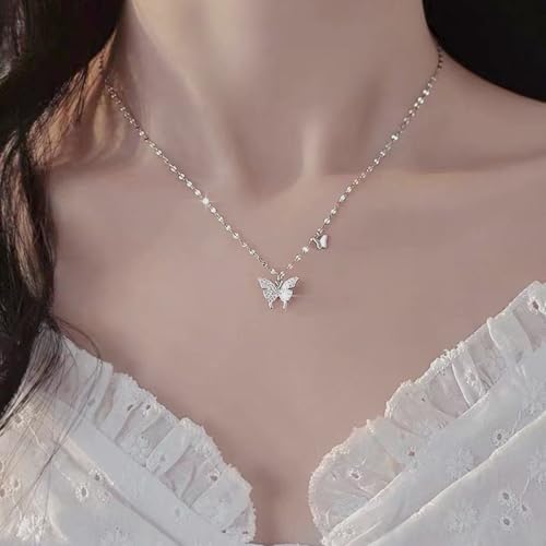 Butterfly Necklace for Women, 925 Sterling Silver Dainty Double Butterfly Pendant Necklace with Cubic Zirconia, Cute Choker Necklaces Jewelry Gifts for Women Mom Friends Grandma3