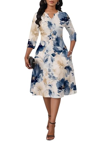Image of PinkPatty Women's Casual 3 /4 Sleeve Midi Dresses Fit and Flare Church Work Dress with Pockets
