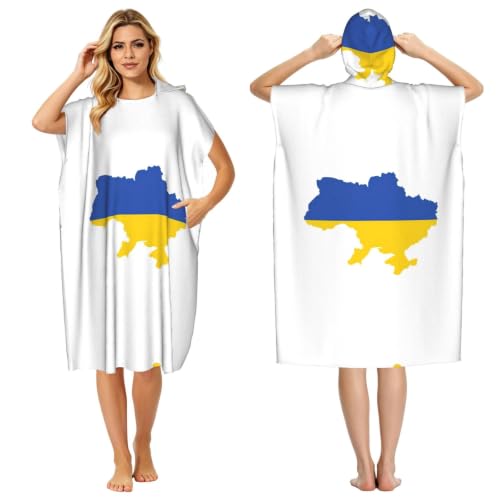 UVBDF Ukraine Flag Map Print Poolside Changing Poncho Adult Hooded Towel For Seaside Surfing