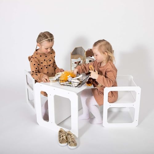 Sweet Home from wood Entwöhnungstisch, Montessori-Tisch, Holztisch, Kinderspieltisch, Weaning Table, 1 Tisch und 2 Stühle (Weiß)