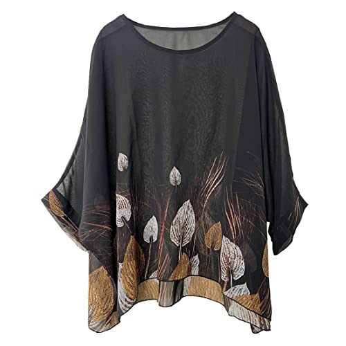 Women's Bohemian Style Batwing Sleeve Butterflies Printed Chiffon Caftan Poncho Tunic Top Beach Loose Shirt