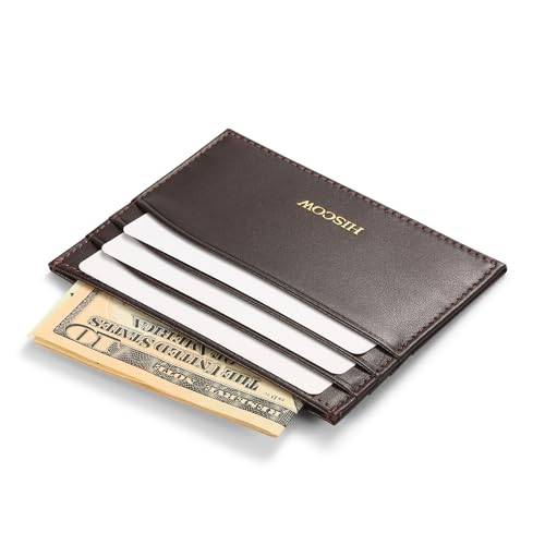 Image of HISCOW Slim Full Grain Leather Card Holder, Coffee | Men's minimalist EDC wallet, front pocket carry, 6 credit card slots & center pocket, fits folded bills, premium gift box