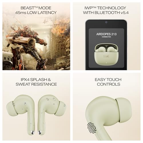 Image of Boat Airdopes 213, 50H Battery, ENx Tech, Beast Mode, ASAP Charge, Bluetooth Earbuds, TWS Ear Buds Wireless Earphones with mic (Sandstone)