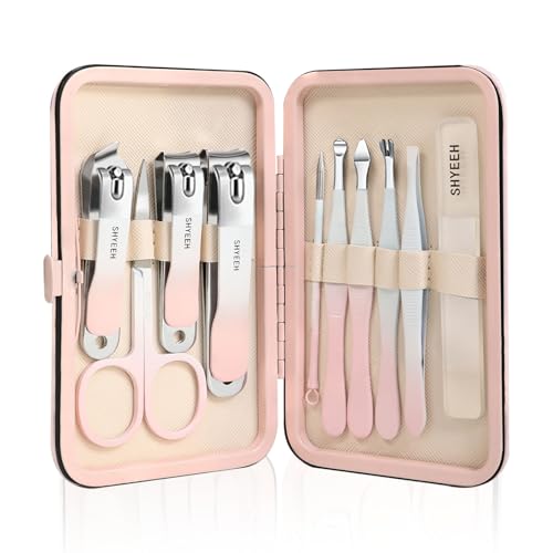 Juego de manicura, juego de uñas de acero rico en carbono, 10 piezas, manicura y pedicura con estuche de piel, juego de tijeras para uñas para hombres y mujeres