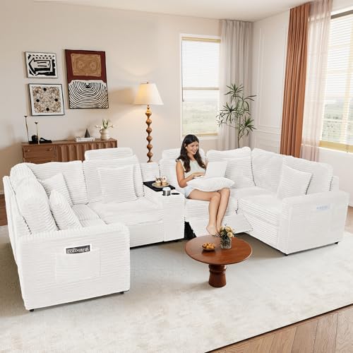 Image of RARZOE Oversized Modular Sectional Sofa with 2 Power Recliner, 6-Seater U-Shaped Corduroy Reclining Couch with Storage Console Charging Cup Holders, Sectional Reclining Couches for Living Room,White