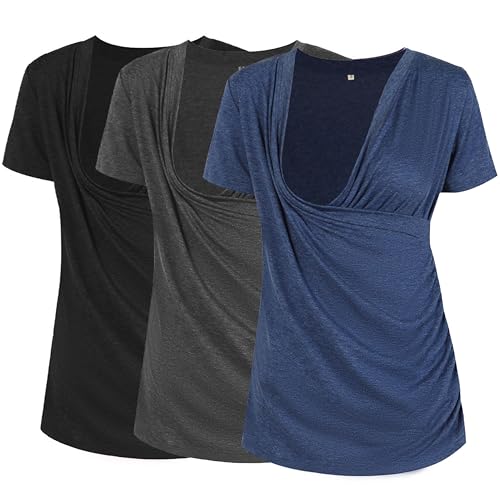 Image of Liu & Qu Women's Maternity Nursing Tops, Layered Wrap for Breastfeeding, V-Neck Short Sleeve Tee Shirts 3 Packs