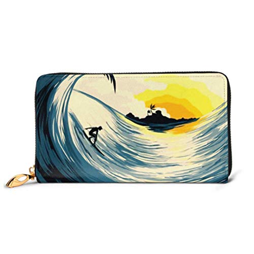 Preisvergleich Produktbild JHGFG Mode Handtasche Reißverschluss Brieftasche Tropical Island Wave Surfer Sonnenuntergang Telefon Kupplung Geldbörse Abendkupplung Blockieren Leder Brieftasche Multi Card Organizer