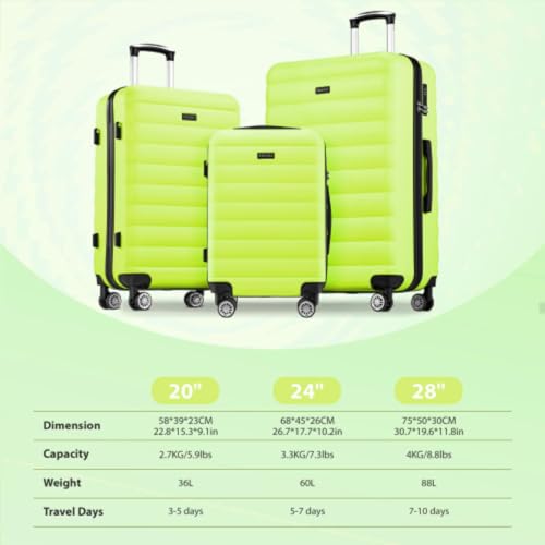 3 Piece Luggage Set, Hard Shell Lightweight Luggage, 20 24 28 Inch Travel Set, Wheels, Interior Combination Lock, Lime Green4