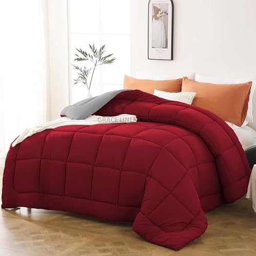 Image of GRACE LINEN 600 GSM Heavy Winter Comforter Double Bed Size 90 inchX100 inch - 600 GSM Winter Blanket Comforter /Rajai /Duvet Microfiber Super Soft Fluffy Double Bed - Burgundy /Silver Grey Color