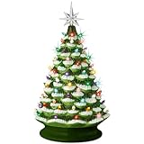 Best Choice Products 18in Large Ceramic Christmas Tree, Pre-lit Hand-Painted Tabletop Frosted Holiday Decoration w/Power Cord, 2 Star, 93 Multicolored Bulbs, LED Lights - Flocked/Green