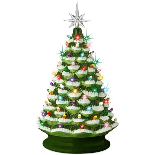 Best Choice Products 18in Large Ceramic Christmas Tree, Pre-lit Hand-Painted Tabletop Frosted...