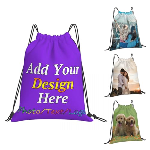 Customized Backpack with Drawstring, Upload Your Image Text Logo, Personalized Sports Bag for Men Women Outdoor Travelling, Gym, BlueViolet, 14x16in