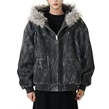 Uohuangjia Mens Winter Coats Baggy Full Zip Up Fur Hood Jacket Y2k Casual Stylish Thick Cotton Heavyweight Warm Coats (Black,Medium)