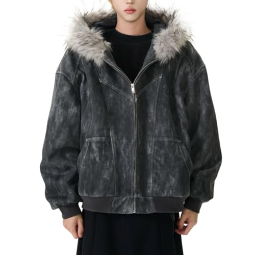 Uohuangjia Mens Winter Coats Baggy Full Zip Up Fur Hood Jacket Y2k Casual Stylish Thick Cotton Heavyweight Warm Coats (Black,Medium)