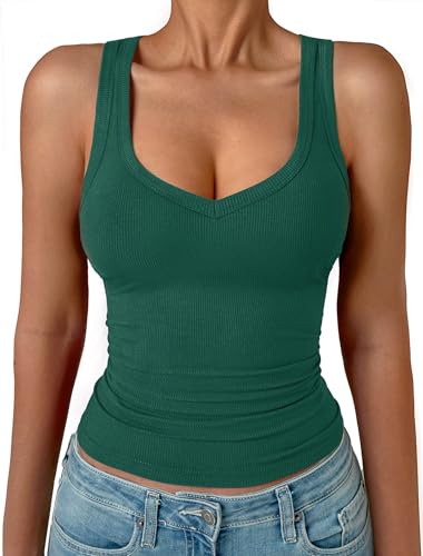 GKBK Womens Sleeveless Tank Top Form Fitting Spaghetti Strap V Neck Ribbed Knit Workout Lounge Basic Slim Fitted Crop Summer 2025 Cami Layering Casual Shirts Dark Green S