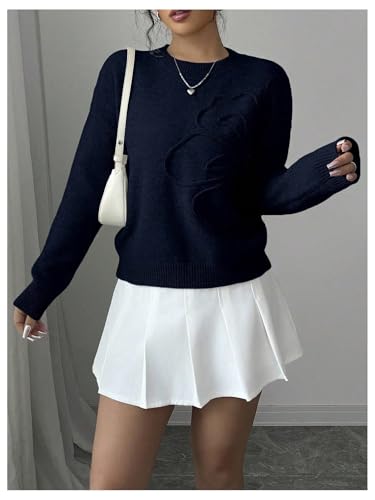 Image of RoseSeek Women's 3D Floral Appliques Crewneck Sweaters Long Sleeve Drop Shoulder Pullovers Elegant Knit Tops