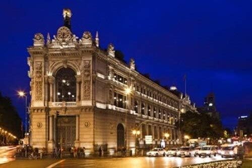 Posterazzi Banco Espana Plaza de Cibeles Madrid España Poster Print by Walter Bibikow (18 x 12)