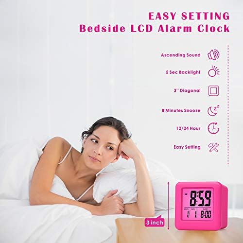 Plumeet Digital Alarm Clock Kids Alarm Clock with Snooze and Nightlight - Easy Setting Silicone Clock Display Time, Date - Loud Alarm Clock for Bedroom - Battery Powered (Pink)
