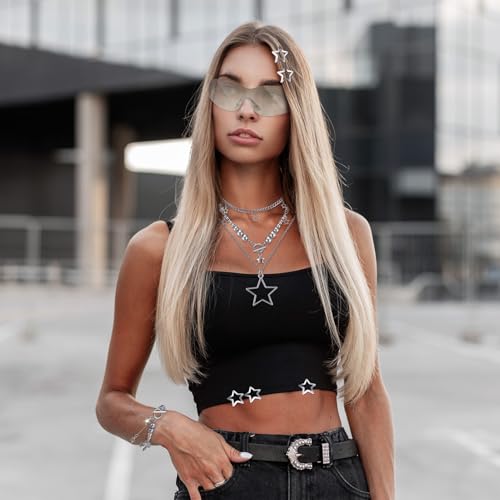 Y2k Accessories Set Included Star Y2k Silver Necklace Grunge Layered Necklace Y2K Sunglasses Star Hair Clip Y2k Silver Hair Clips Vintage Jewelry Set for Women4