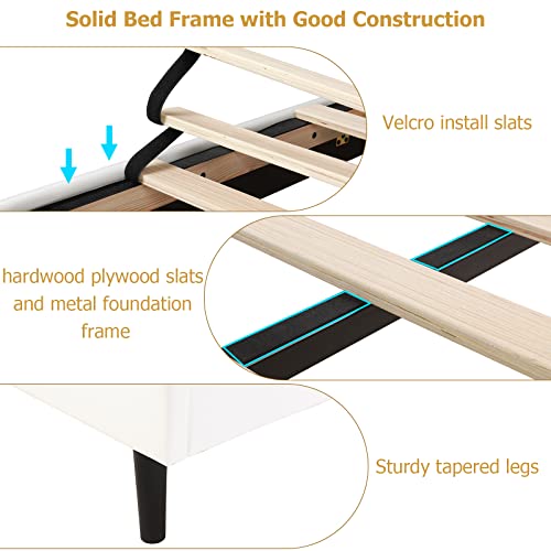 Queen Size Bed Frame Upholstered Queen Bed Frame With Faux Leather Headbaord Modern Deluxe Wingback, Mattress Foundation Wood Slat Support Platform Bed No Box Spring Needed, Easy Assembly, White #TOP3