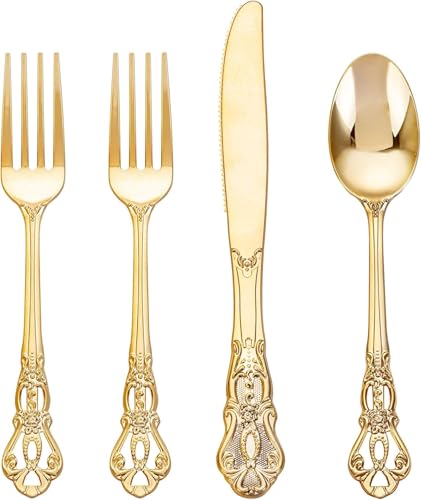 Joyido 40PCS Gold Plastic Silverware - Heavy Duty Elegant Disposable Utensils - Gold Plastic Cutlery Set Includes 20 Forks, 10 Spoons, 10 Knives for Dinner, Parties, Weddings
