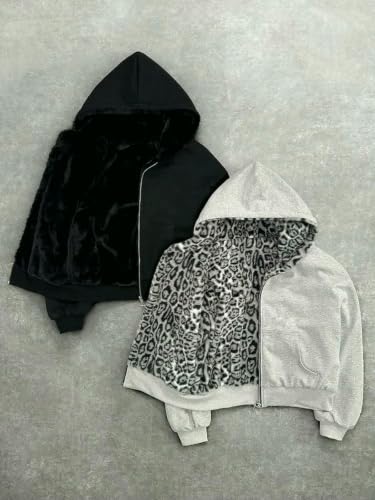 Sweat à capuche léopard imprimé recto verso coupe ample et zippée style urbain rétro