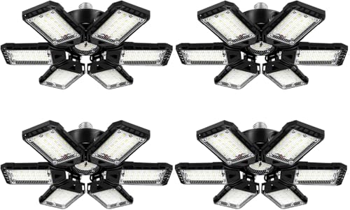 Aoretic LED Garage Lights 4 Pack -180W, 18000LM 6500K Led Shop Light with 6+1 Deformable Panels, Basement Barn Light Garage Ceiling Lights, E26/E27 for Garages, Warehouse, Shop