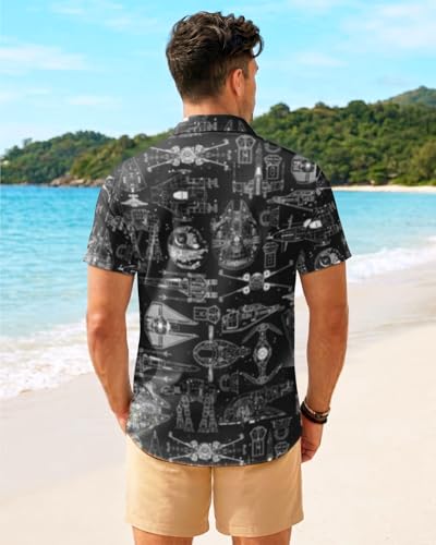 Image of 99TIMORO Warship Hawaiian Shirt, Xmas Gift, Wars Movie Button Short Sleeve Top, Character Theme, Holiday Outfits, Black Space Pattern