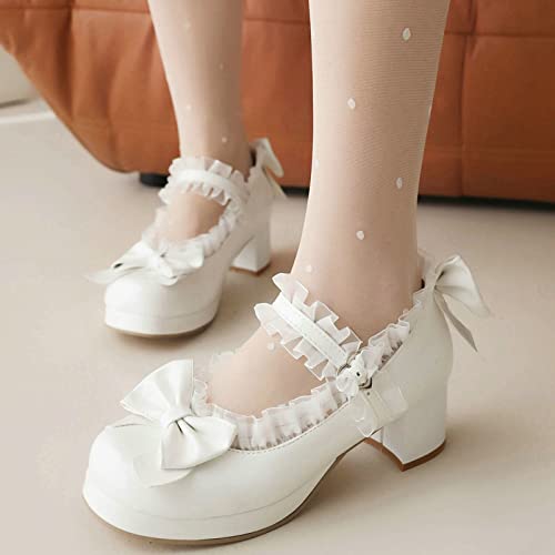 Image of LUXMAX Women Kawaii Mid Block Heel Mary Jane Rockabilly Pumps with Bow Platform Chunky Heel Cute Sweet Shoes