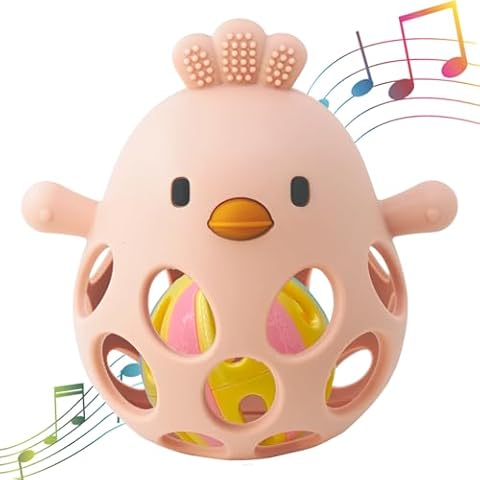 Baby Teething Rattle Toy, Upgraded Easy Grasp Silicone Teething Rattle Ball Toy for Babies Over 3 Months, 100% Food Grade, Gift for Infant Boys and Girls 0-6-12 Months Cover