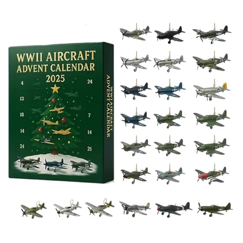 WWII Aircraft Advent Calendar 2025, 24 Days Christmas Countdown Calendar with 24 Miniature Warbirds, WWII Airplane Christmas Pendant for Model Collectors, History Buffs, Aviation Lovers