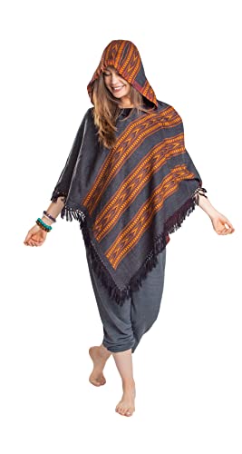 Om Shanti Crafts Hooded Poncho with Fringes, Vegan Wool Wrap, Handmade in India. Unisex