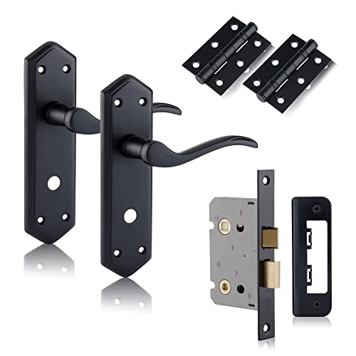 XFORT Black Beauty Range Matt Black London Suite Bathroom Pack, Complete Set with Bathroom Handles, 65mm Mortice Bathroom Lock and 75mm Ball Bearing Hinges, for Internal Wooden Doors