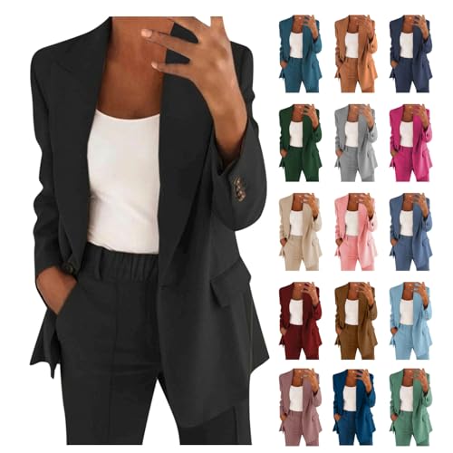 blitzangebote Hosenanzüge für Damen Elegant Blazer Anzug Set Einfarbig Streetwear Zweiteilig Hosenanzug Business Modern Anzughose Revers Slim Fit Sportlich Büro Outfit