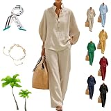 ayattecy Women’s Batwing Sleeve Linen Cotton Two-Piece Set - Plus Size Casual Stand Collar Shirt Wide Leg Pants Outfits