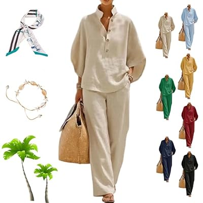 ayattecy Women’s Batwing Sleeve Linen Cotton Two-Piece Set - Plus Size Casual Stand Collar Shirt Wide Leg Pants Outfits