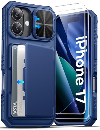 ATATOO for iPhone 17 Case Wallet, Card Holder, 2X Screen Protector, Blue