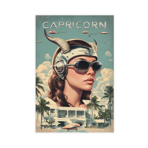 Idée cadeau Capricorne affiche astrologique rétro futuriste sur toile pour anniversaire