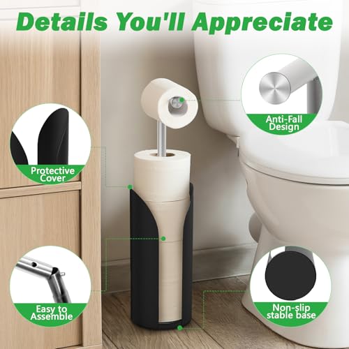 Freestanding Toilet Paper Holder Stand with Storage, Splash Guard, Black - image 5